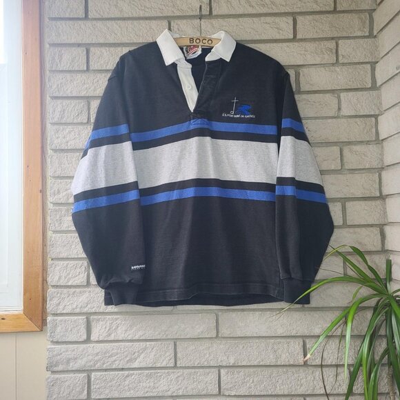Vintage 'Barbarian' faded black/blue/grey striped long-sleeve rugby shirt S - Picture 1 of 3